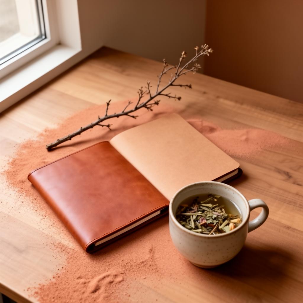 Arbeitsplatz mit Notizbuch und Tasse